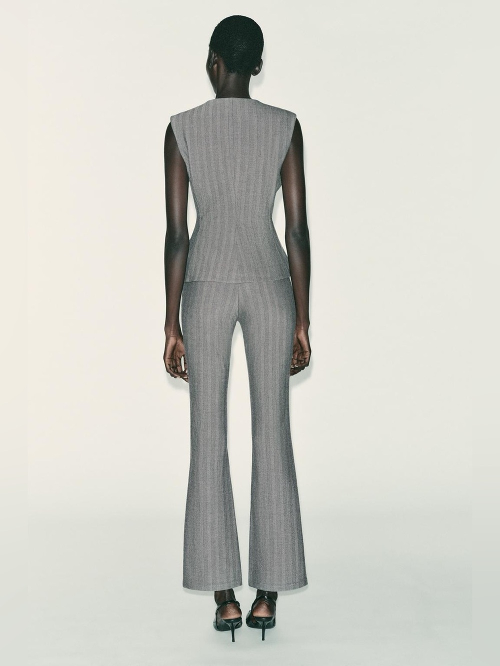 Zara Gray Pinstripe Vest and Flare Pants Set with Gold Buttons - Picture 8 of 14
